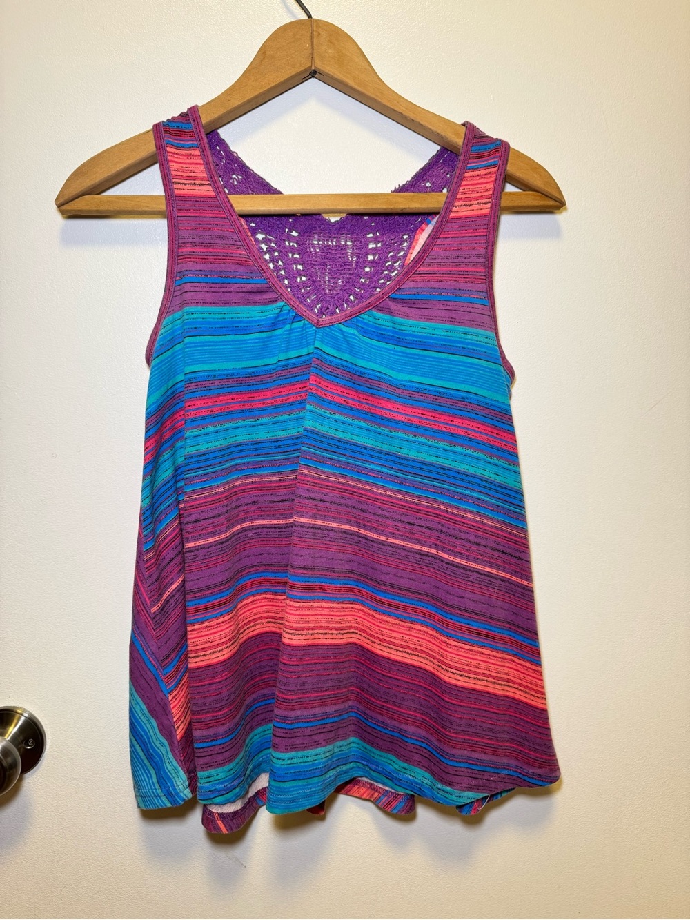Energie Striped Multicolor V-Neck Tank with Crochet Back